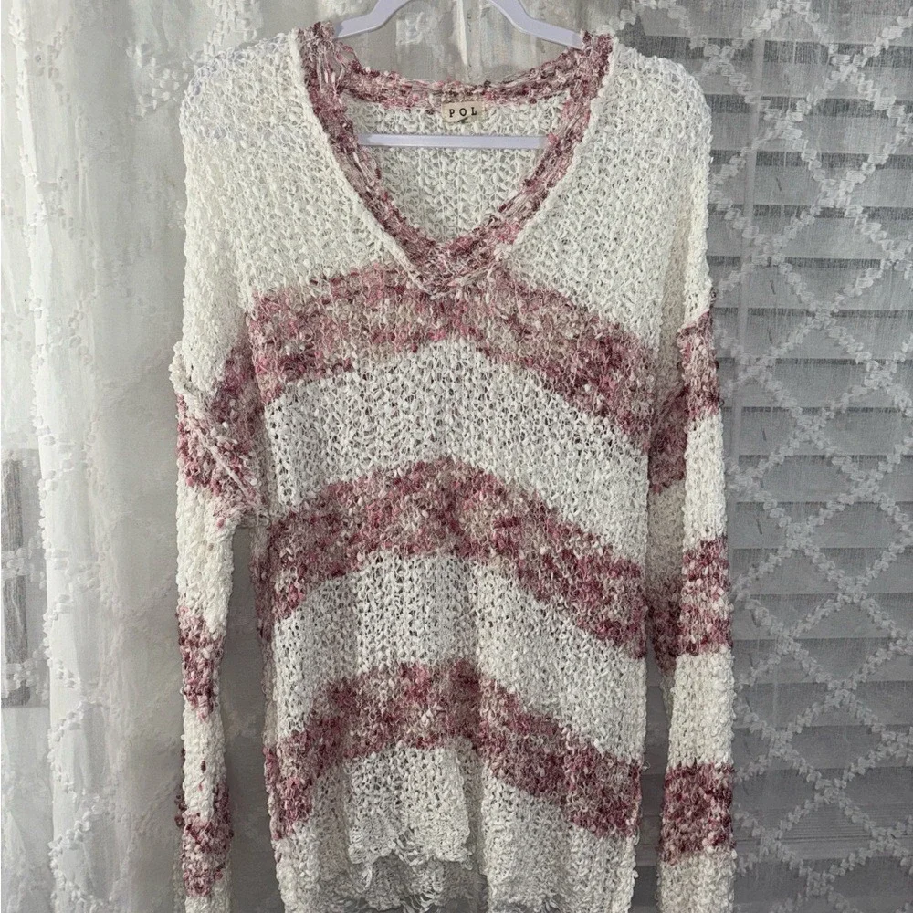 POL Clothing Womens V-Neck Loose Knit Striped Sweater Pink Cream Boho Size S‎
